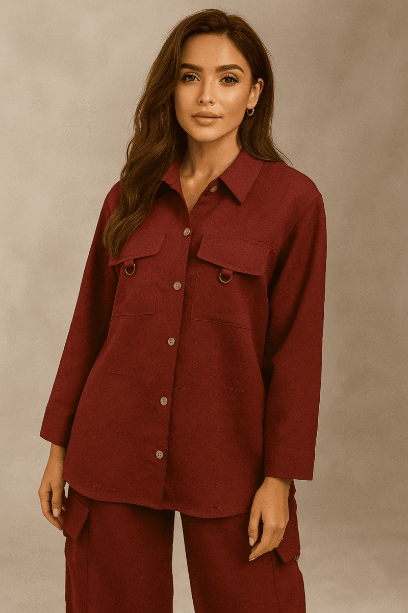 ChatGPT Image Aug 16, 2025, 09_57_04 PM Women's Chine Bubble Embossed Jersey Co-ord Set | Maroon Two-Piece Suit - Image 1