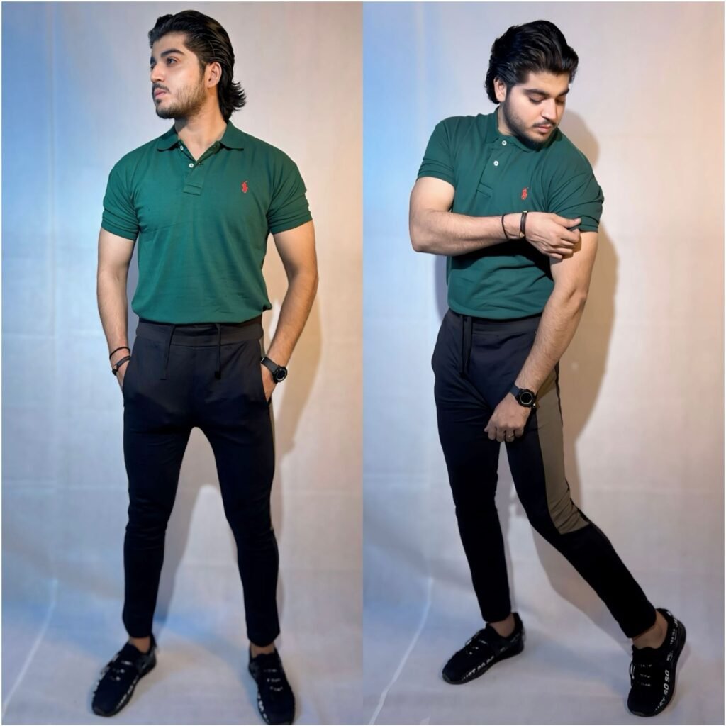 Men's Stylish Green Polo T-shirt & Black Track Pants Set – Casual & Sporty Wear