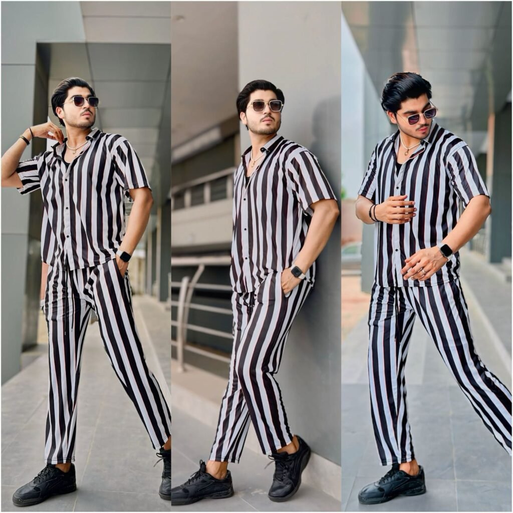 Men's Stylish Black & White Striped 3-Piece Suit – Shirt, Joggers & Free T-shirt
