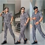 Men's Stylish Black & White Striped 3-Piece Suit – Shirt, Joggers & Free T-shirt