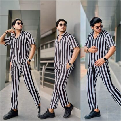 Men's Stylish Black & White Striped 3-Piece Suit – Shirt, Joggers & Free T-shirt