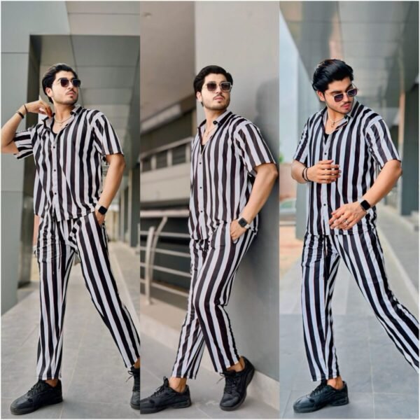 Men's Stylish Black & White Striped 3-Piece Suit – Shirt, Joggers & Free T-shirt