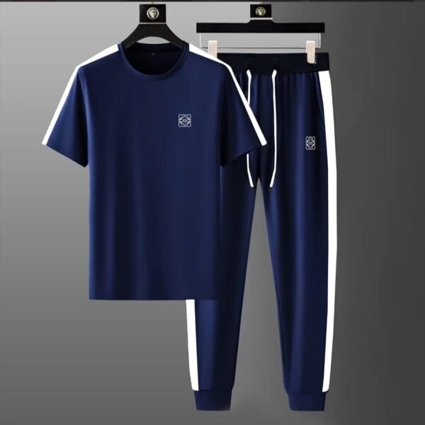 Navy Blue Men's Tracksuit with White Stripes – Front View