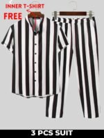 Men's Stylish Black & White Striped 3-Piece Suit | Comfortable & Trendy Casual Shirt, Joggers & Free T-shirt - Image 5