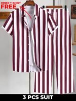 Men's Stylish Black & White Striped 3-Piece Suit | Comfortable & Trendy Casual Shirt, Joggers & Free T-shirt - Image 2