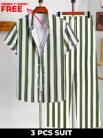 Men's Stylish Black & White Striped 3-Piece Suit | Comfortable & Trendy Casual Shirt, Joggers & Free T-shirt - Image 3
