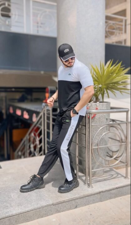 Men's Lacoste-Inspired Black & White Tracksuit – Polo T-shirt & Joggers