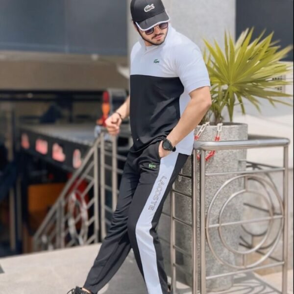 Men's Lacoste-Inspired Black & White Tracksuit – Polo T-shirt & Joggers