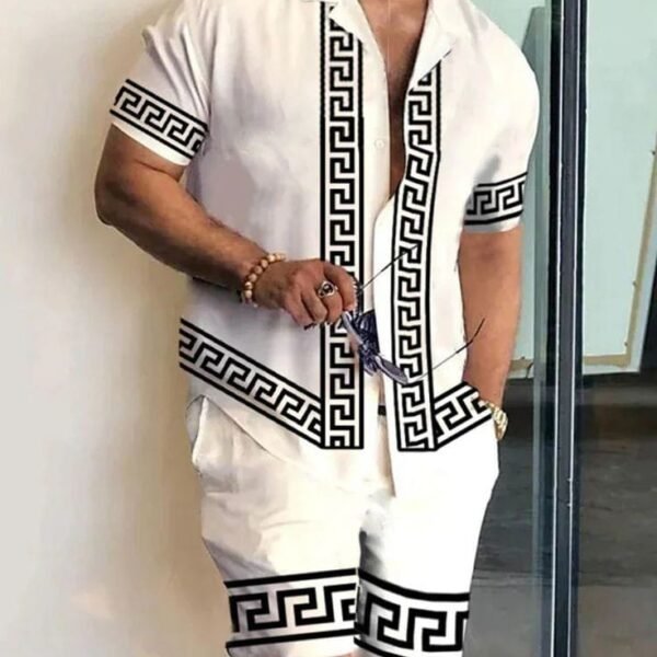Men's Greek Key Print Co-ord Set – White & Black Outfit