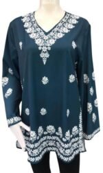 Ladies' Stylish Premium Silk Cotton Co-ord Set 02 pc – Teal & White Embroidered Shirt & Trousers - Image 3