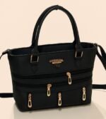 Stylish bag with multiple zippers and two center pockets for easy organization and large capacity