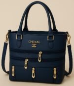 7 zipper hand bag with long belt, front 5 zips, two center pockets, showcasing stylish design and large capacity.