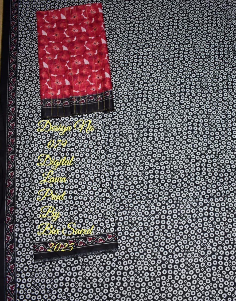 img142 Bin Saeed Unstitched 3-Pc Lawn Suit | Black Digital Printed Design with Red Floral Dupatta - Image 1