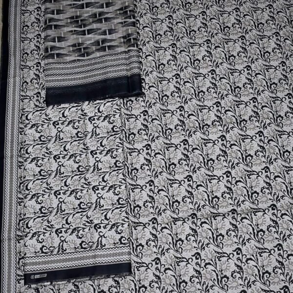 Bin Saeed Lawn 3-Piece Suit | Black and White Printed Lawn Fabric with Geometric Dupatta