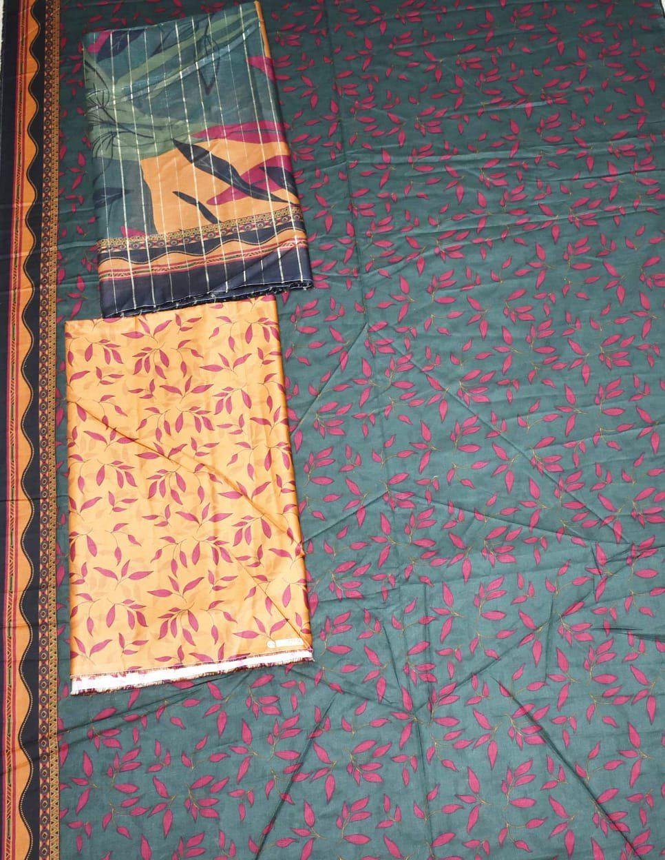 img145 Bin Saeed Lawn 3-Piece Suit | Printed Lawn Fabric with Orange and Maroon Leaves - Image 1