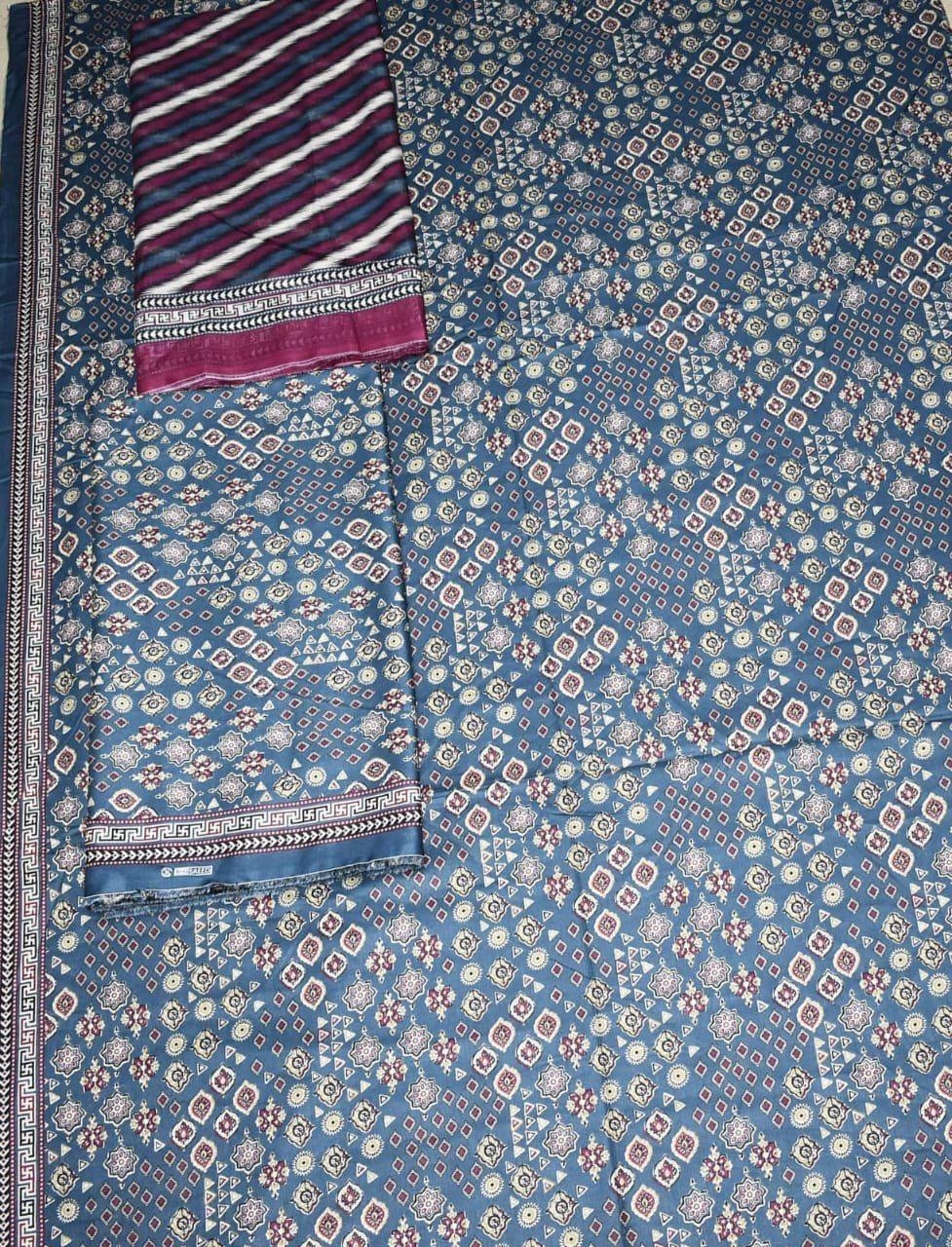 img146 Bin Saeed Lawn 3-Piece Suit | Blue Printed Lawn Fabric with Stripe and Block Print Dupatta - Image 1