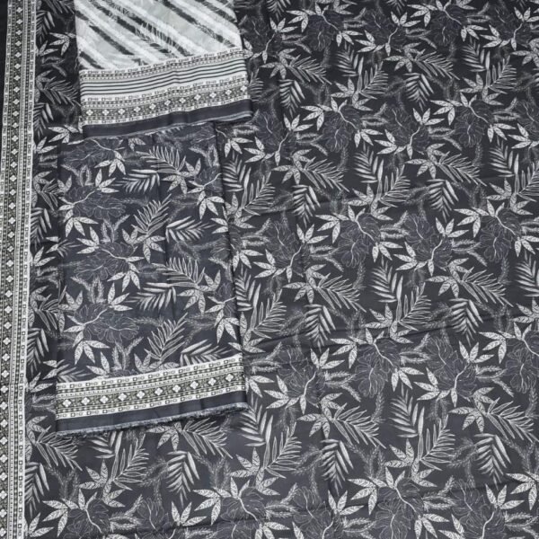Bin Saeed Lawn 3-Piece Suit | Black and White Leaves Print with Stripe Dupatta