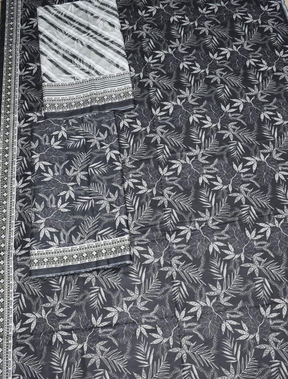 img149 Bin Saeed Lawn 3-Piece Suit | Black and White Leaves Print with Stripe Dupatta - Image 1