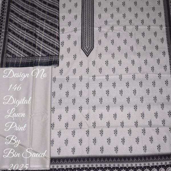 Bin Saeed Lawn 3-Piece Suit | White Digital Lawn Print with Black Stripes and Leaves
