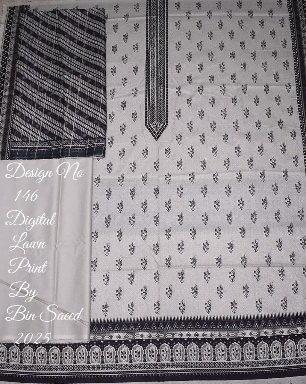 Bin Saeed Lawn 3-Piece Suit | White Digital Lawn Print with Black Stripes and Leaves
