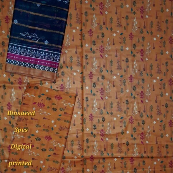 Bin Saeed Lawn 3-Piece Suit | Orange Printed Lawn Fabric with Black Stripes and Floral Print