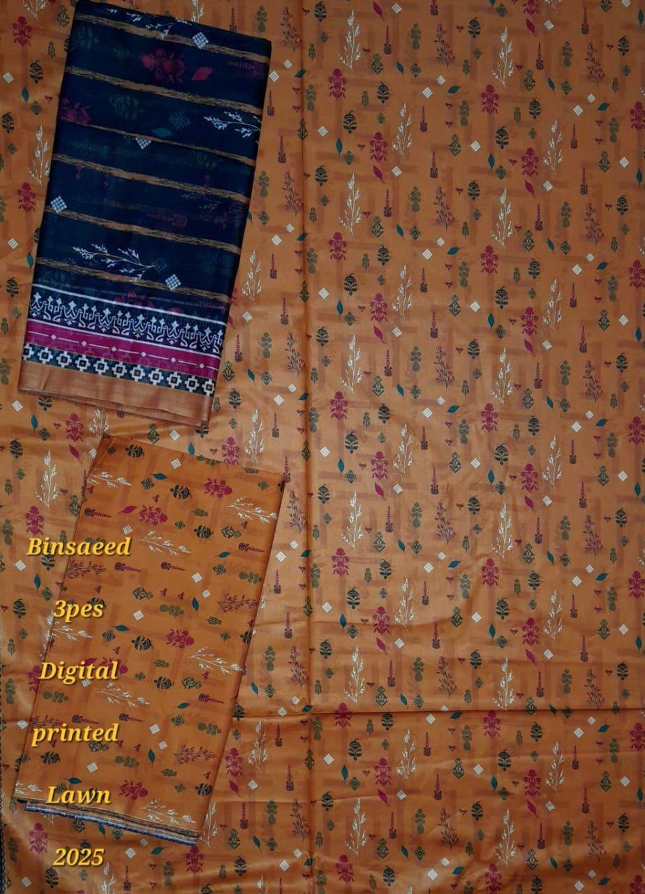 img153 Bin Saeed Lawn 3-Piece Suit | Orange Printed Lawn Fabric with Black Stripes and Floral Print - Image 1