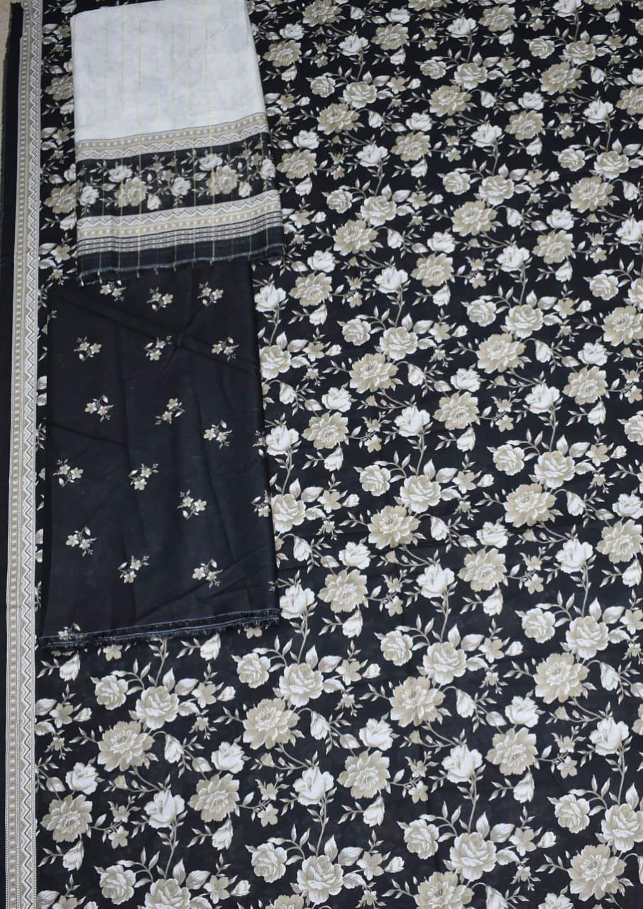 img154 Bin Saeed Lawn 3-Piece Suit | Black Floral Printed Lawn Fabric with White and Grey Flowers - Image 1