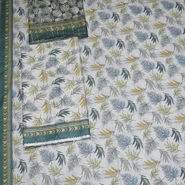 Bin Saeed Lawn 3-Piece Suit | White Printed Lawn Fabric with Green and Blue Leaves