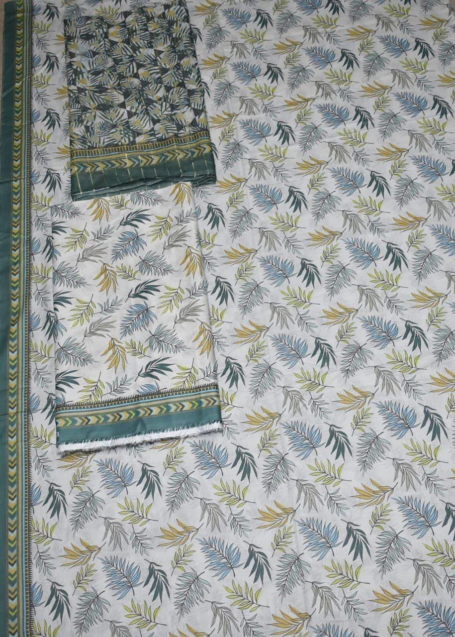 img155 Bin Saeed Lawn 3-Piece Suit | White Printed Lawn Fabric with Green and Blue Leaves - Image 1