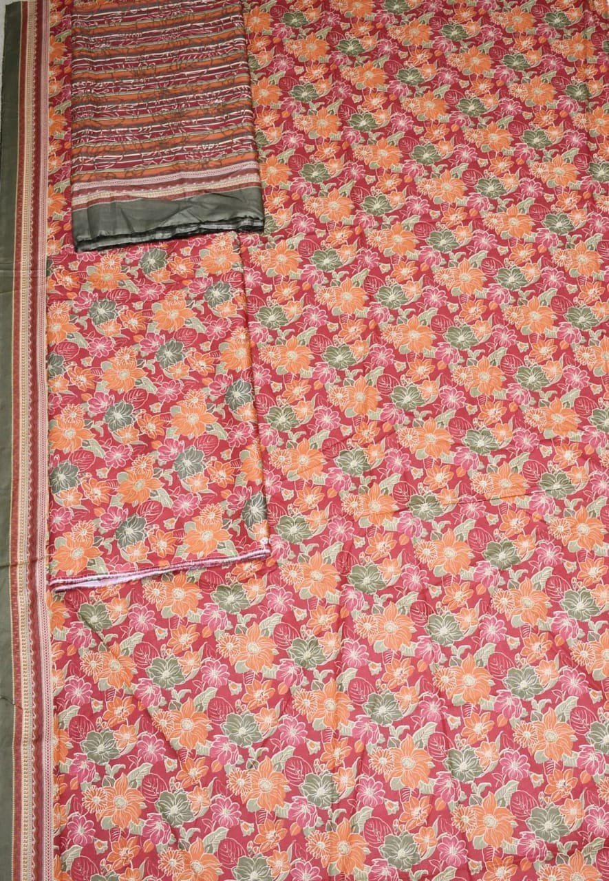 Bin Saeed Lawn 3-Piece Suit | Red and Pink Floral Printed Lawn Fabric with Stripe Dupatta