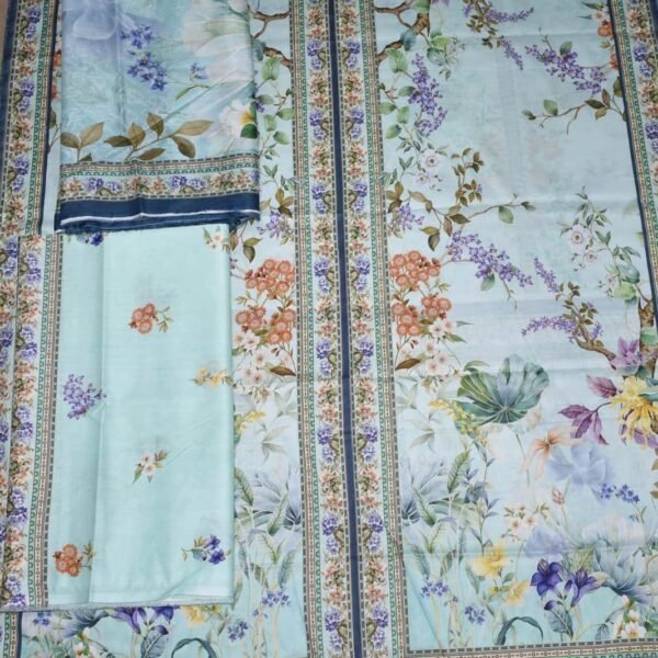 Bin Saeed Lawn 3-Piece Suit | Light Blue Floral Printed Lawn Fabric with Botanical Border