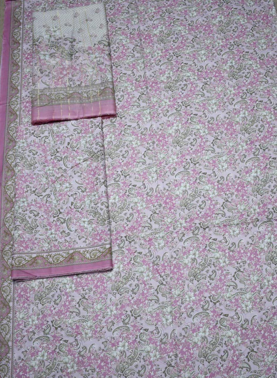 img158 Bin Saeed Lawn 3-Piece Suit | Light Pink Printed Lawn Fabric with Grey and Gold Paisley - Image 1