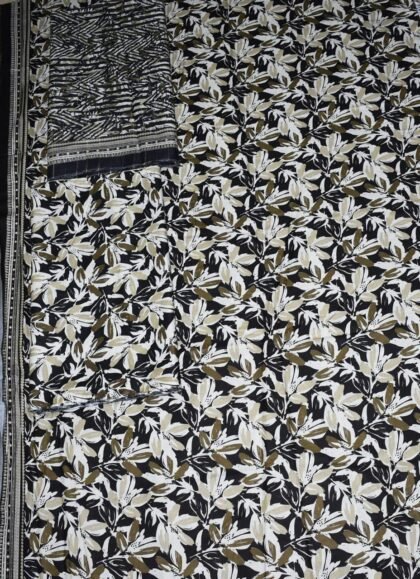 Bin Saeed Lawn 3-Piece Suit | Black Printed Lawn Fabric with White and Green Leaves