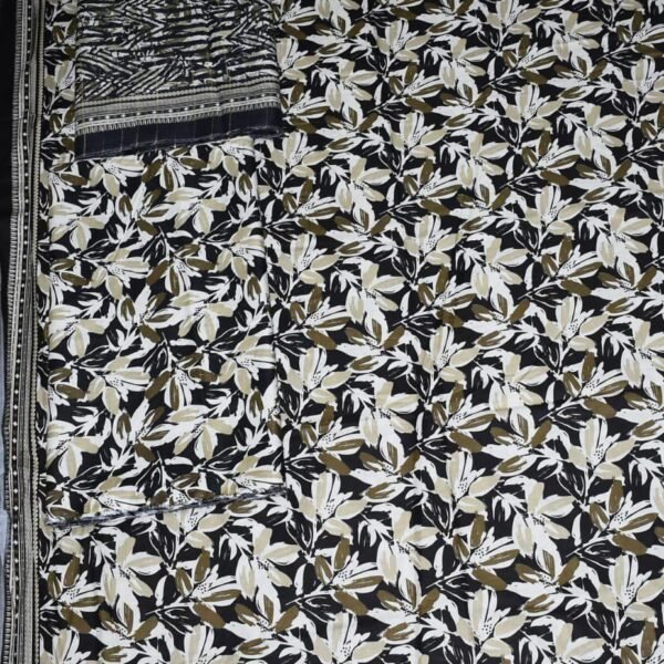 Bin Saeed Lawn 3-Piece Suit | Black Printed Lawn Fabric with White and Green Leaves