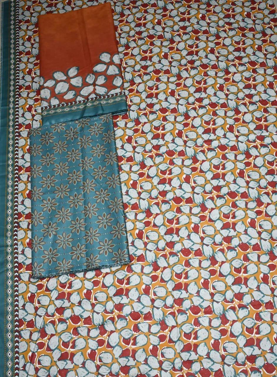 img160 Bin Saeed Lawn 3-Piece Suit | Orange Printed Lawn Fabric with Geometric and Floral Motifs - Image 1