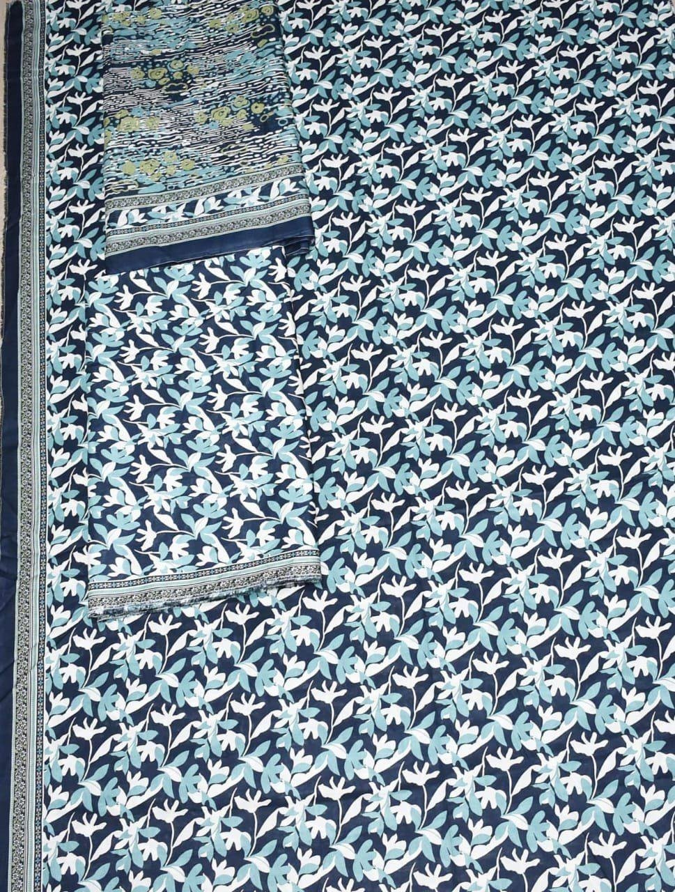 Bin Saeed Lawn 3-Piece Suit | Blue Printed Lawn Fabric with White and Green Leaves