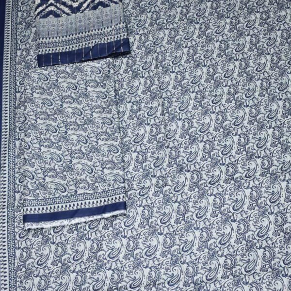 Bin Saeed Lawn 3-Piece Suit | Blue and White Paisley Print with Geometric Dupatta