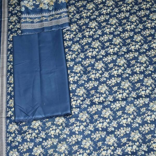 Bin Saeed Lawn 3-Piece Suit | Blue Floral Printed Lawn Fabric with Botanical Border