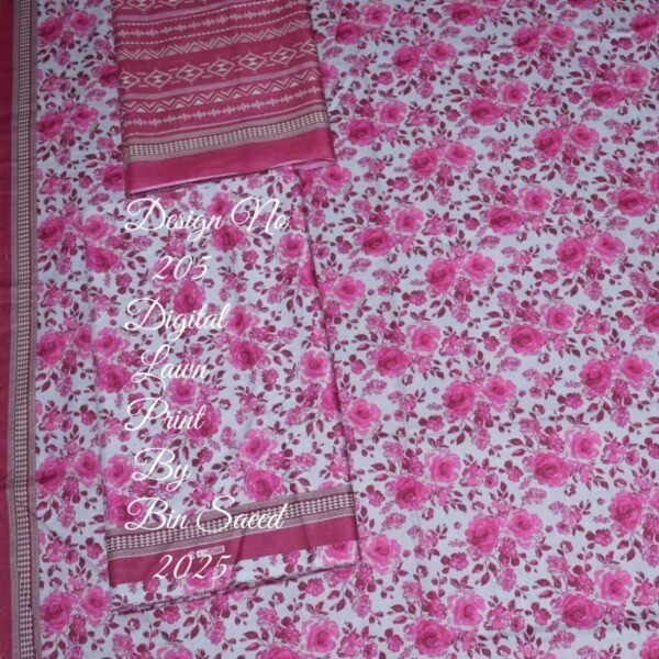 Bin Saeed Lawn 3-Piece Suit | Pink Floral Printed Lawn Fabric with Botanical Border