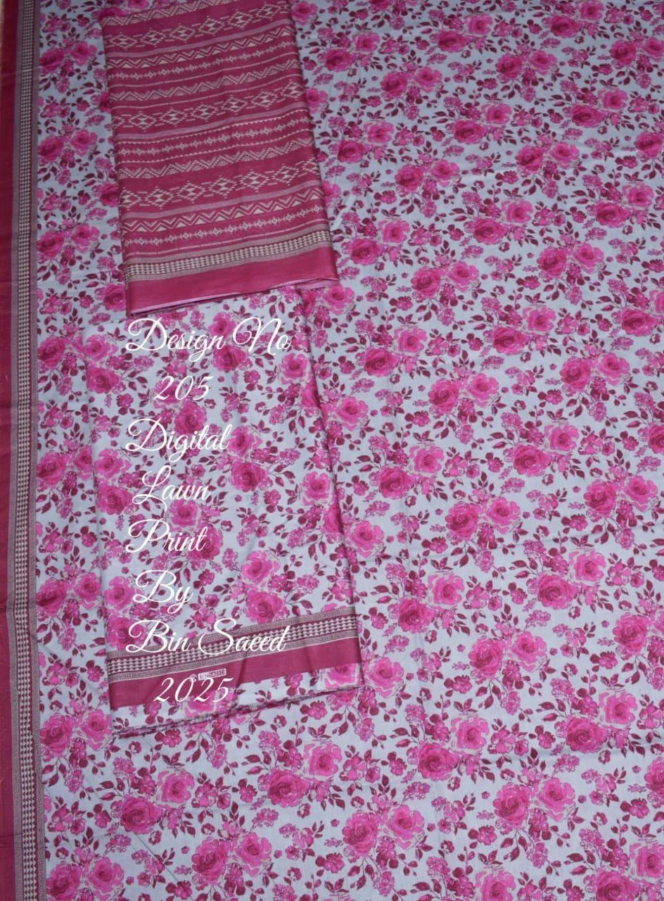 img167 Bin Saeed Lawn 3-Piece Suit | Pink Floral Printed Lawn Fabric with Botanical Border - Image 1