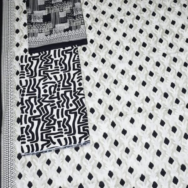 Bin Saeed Lawn 3-Piece Suit | White and Black Printed Lawn Fabric with Geometric Print Dupatta