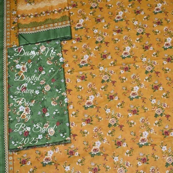 Bin Saeed Lawn 3-Piece Suit | Yellow Floral Printed Lawn Fabric with Green Dupatta