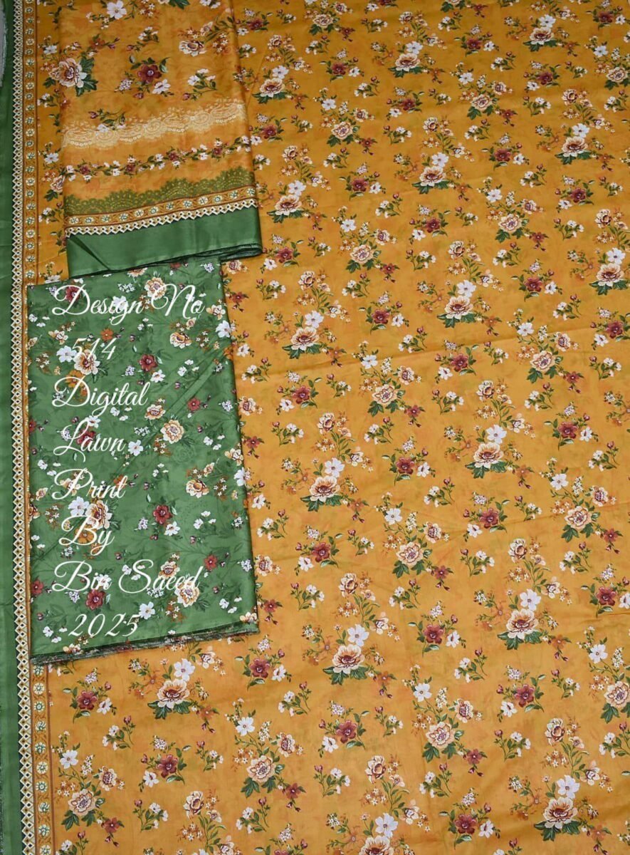 Bin Saeed Lawn 3-Piece Suit | Yellow Floral Printed Lawn Fabric with Green Dupatta