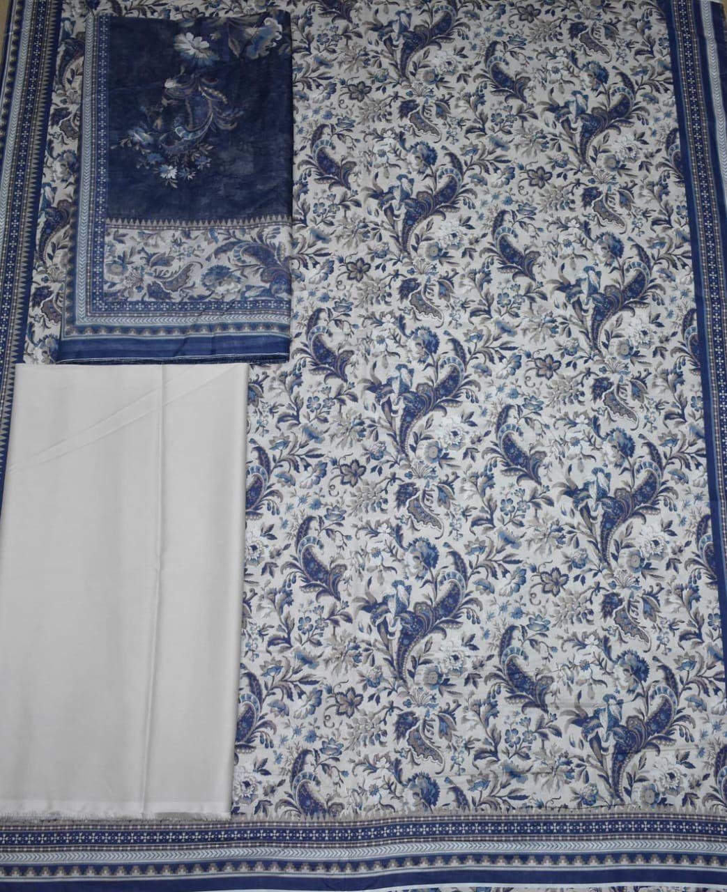 img170 Bin Saeed Lawn 3-Piece Suit | Blue Printed Lawn Fabric with Paisley and Peacock Motifs - Image 1
