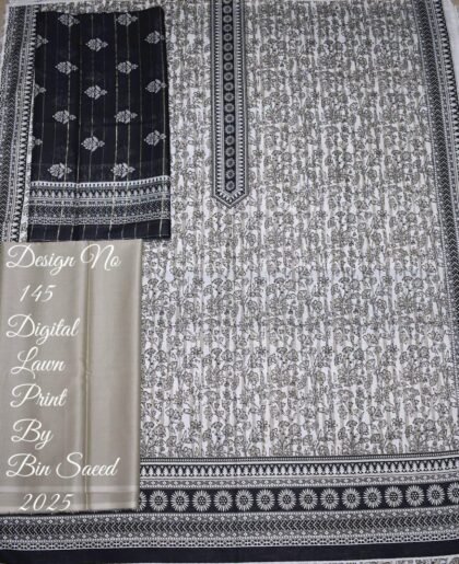 Bin Saeed White Lawn 3-Piece Suit with Black and Gold Jacquard Dupatta
