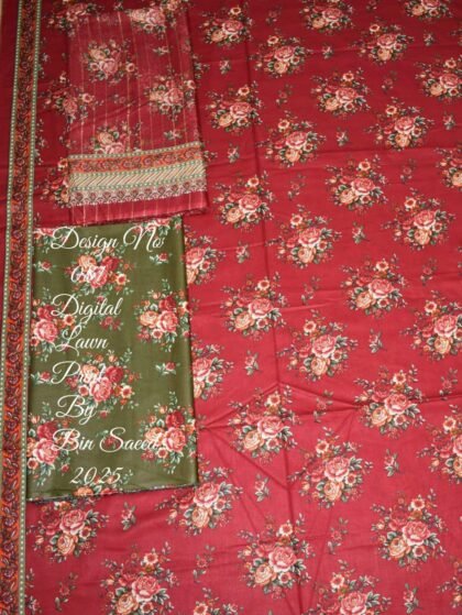 Bin Saeed Lawn 3-Piece Suit for Women – Red Floral with Stripe Dupatta