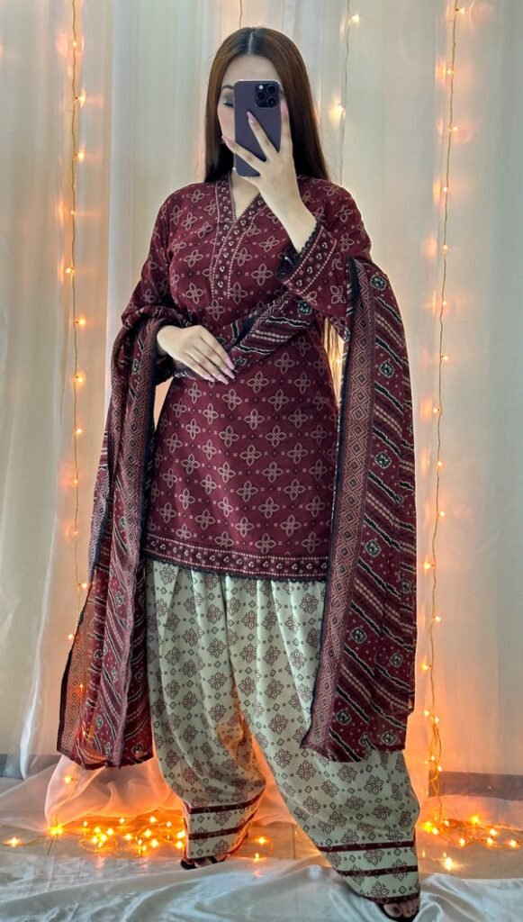 Bin Saeed Maroon Lawn 3-Piece Suit with Geometric Stripe Dupatta