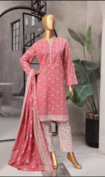 Front view of Bin Saeed Light Blue and Pink Unstitched Lawn 3-Piece Suit with Floral Shirt and Stripe Dupatta.