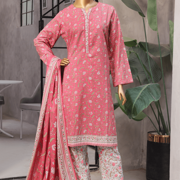 Front view of Bin Saeed Light Blue and Pink Unstitched Lawn 3-Piece Suit with Floral Shirt and Stripe Dupatta.