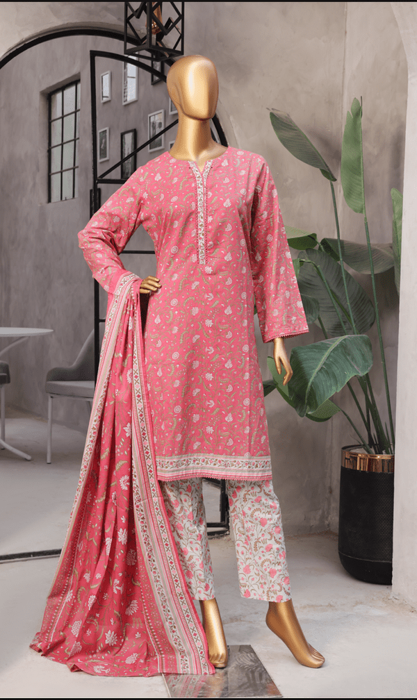 Front view of Bin Saeed Light Blue and Pink Unstitched Lawn 3-Piece Suit with Floral Shirt and Stripe Dupatta.